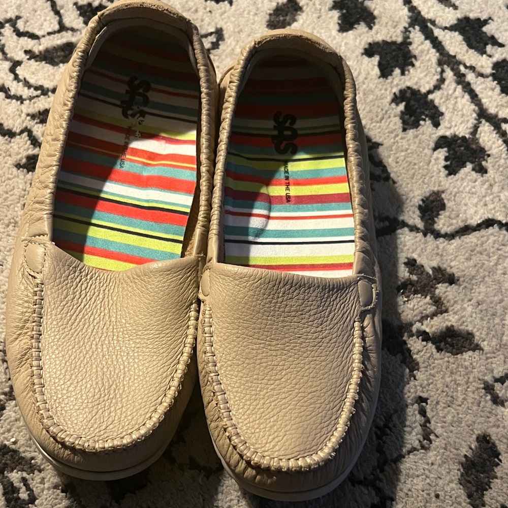 SAS Beige Leather Flats with Striped Insole